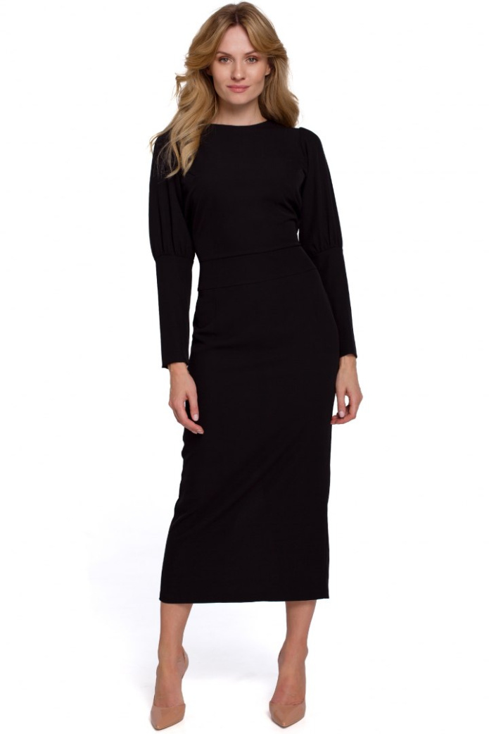 Sukienka Midi - Ołówkowa Z Długim Rękawem - czarna